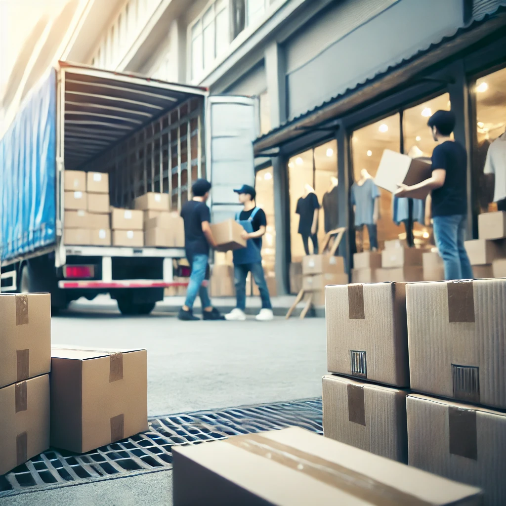Workers unloading clothing boxes from a truck at an apparel store.
