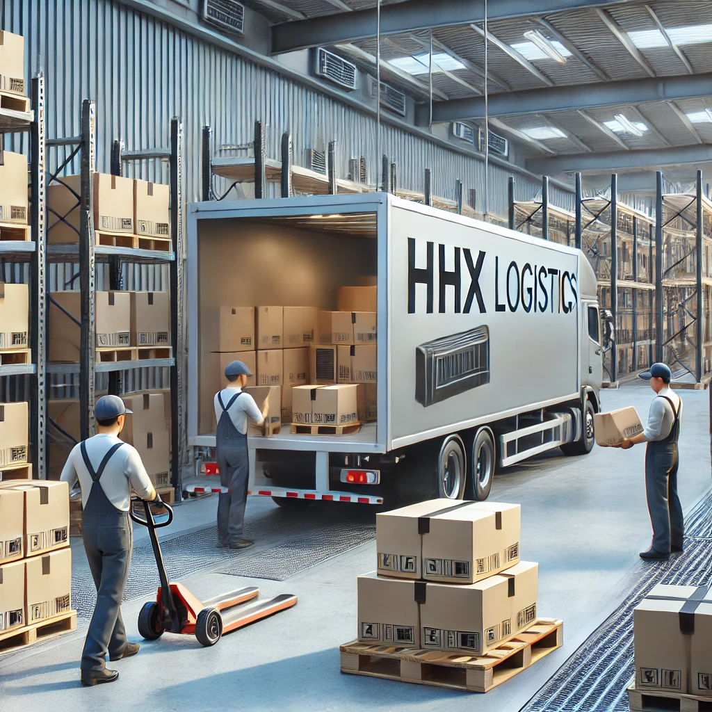 Close-up of workers in casual uniforms using a dolly to load sealed electronics boxes onto a truck labeled 'HHX Logistics' at a warehouse loading dock.