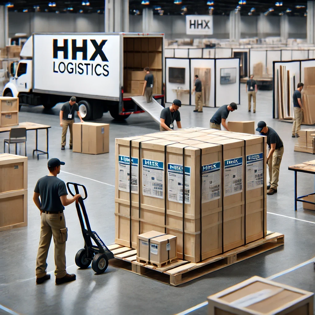 Close-up view of workers in casual uniforms moving a large exhibit crate into an exhibition hall using a dolly. A plain white truck is visible in the background, with empty booths partially seen in the convention center.