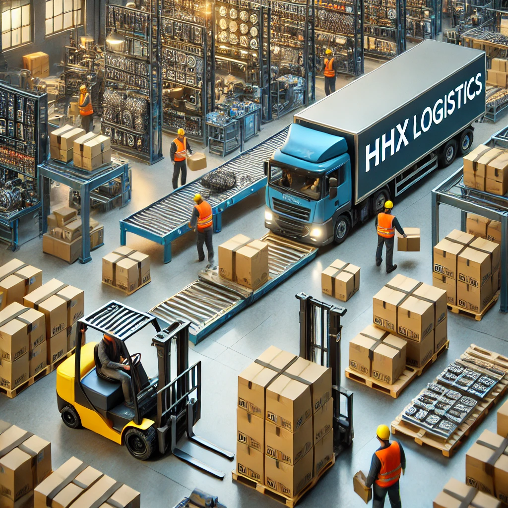 Close-up of manufacturing and distribution logistics. Workers in safety gear operate forklifts, loading pallets of finished products onto 'HHX Logistics' trucks in a warehouse with machinery and assembly lines in the background.